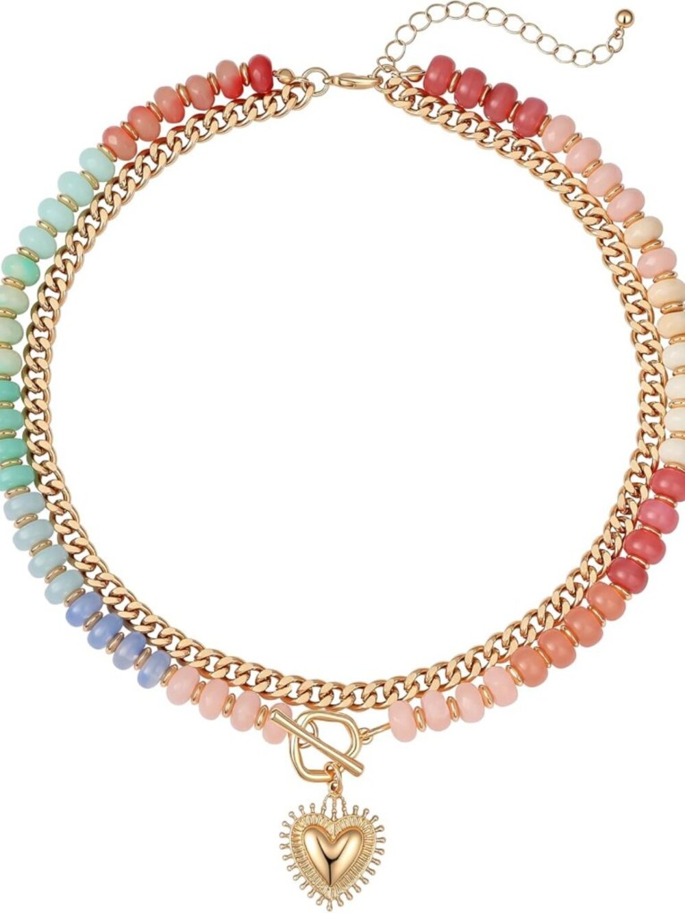 Colorful Layered Beaded Choker Necklace for Women with Gold Heart Charm